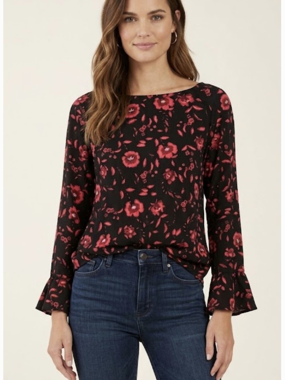 Velvet by Graham & Spencer Floral Bell Sleeve Blouse Black Red M